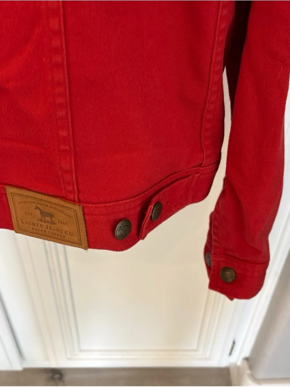 Lauren Ralph Lauren Red Denim Jacket Women’s Medium Stretch Cotton Trucker Jean - Picture 5 of 12